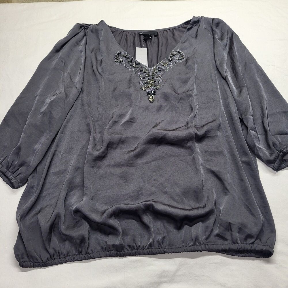 Lane Bryant Blouse Womens 22/24 Gray Beaded Sequin V Neck 3/4 Sleeve Tunic Top